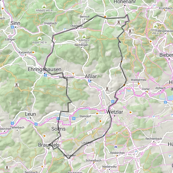 Map miniature of "Countryside Road Expedition" cycling inspiration in Gießen, Germany. Generated by Tarmacs.app cycling route planner