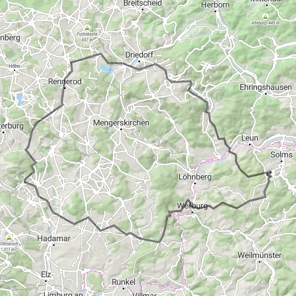 Map miniature of "Scenic Road Cycling" cycling inspiration in Gießen, Germany. Generated by Tarmacs.app cycling route planner