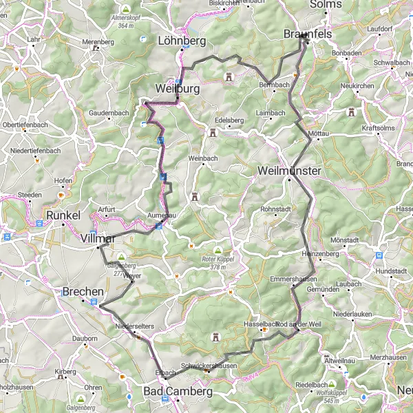 Map miniature of "The Hessian Highlands Challenge" cycling inspiration in Gießen, Germany. Generated by Tarmacs.app cycling route planner