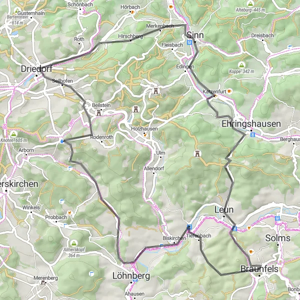 Karten-Miniaturansicht der Radinspiration "Leuner Burg und Sinn Radtour" in Gießen, Germany. Erstellt vom Tarmacs.app-Routenplaner für Radtouren