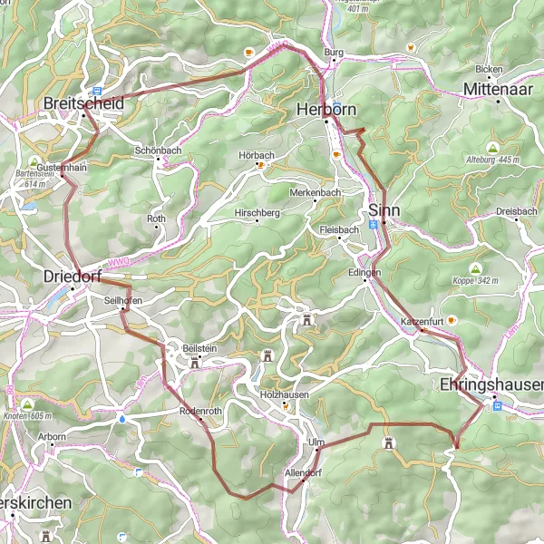 Karten-Miniaturansicht der Radinspiration "Rund um Breitscheid - Gravelroute" in Gießen, Germany. Erstellt vom Tarmacs.app-Routenplaner für Radtouren