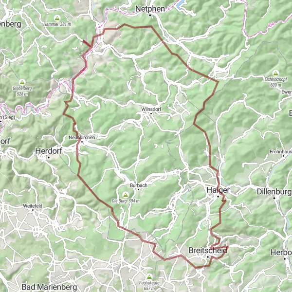 Karten-Miniaturansicht der Radinspiration "Die Liebenscheid-Route" in Gießen, Germany. Erstellt vom Tarmacs.app-Routenplaner für Radtouren