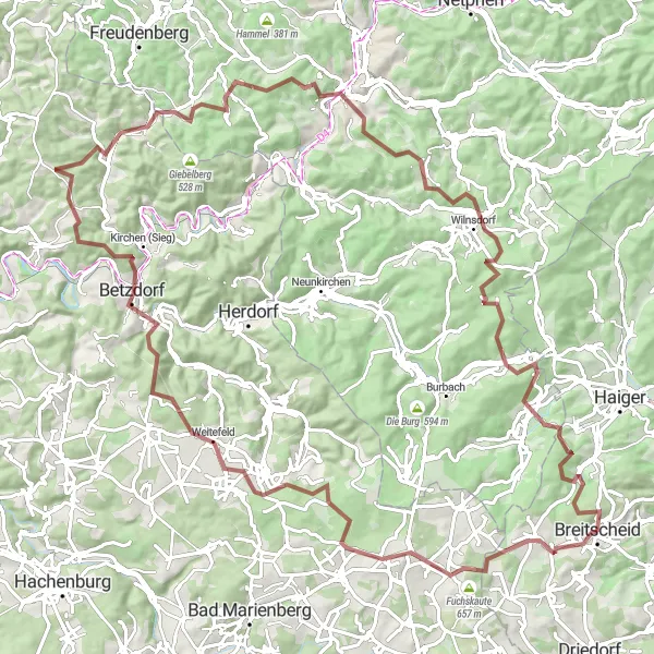 Map miniature of "The Gravel Expedition" cycling inspiration in Gießen, Germany. Generated by Tarmacs.app cycling route planner