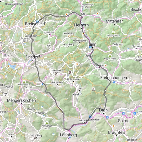 Karten-Miniaturansicht der Radinspiration "Die Leuner Burg-Route" in Gießen, Germany. Erstellt vom Tarmacs.app-Routenplaner für Radtouren