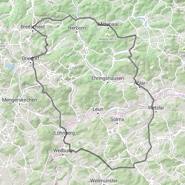Map miniature of "Breitscheid Century Ride" cycling inspiration in Gießen, Germany. Generated by Tarmacs.app cycling route planner