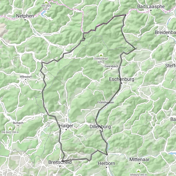 Karten-Miniaturansicht der Radinspiration "Roadtour mit anspruchsvollen Anstiegen" in Gießen, Germany. Erstellt vom Tarmacs.app-Routenplaner für Radtouren