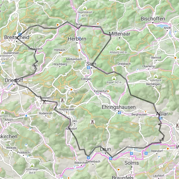 Karten-Miniaturansicht der Radinspiration "Roadtour durch die Umgebung von Gießen" in Gießen, Germany. Erstellt vom Tarmacs.app-Routenplaner für Radtouren