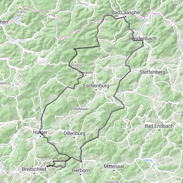 Map miniature of "Hilly Adventure Loop" cycling inspiration in Gießen, Germany. Generated by Tarmacs.app cycling route planner