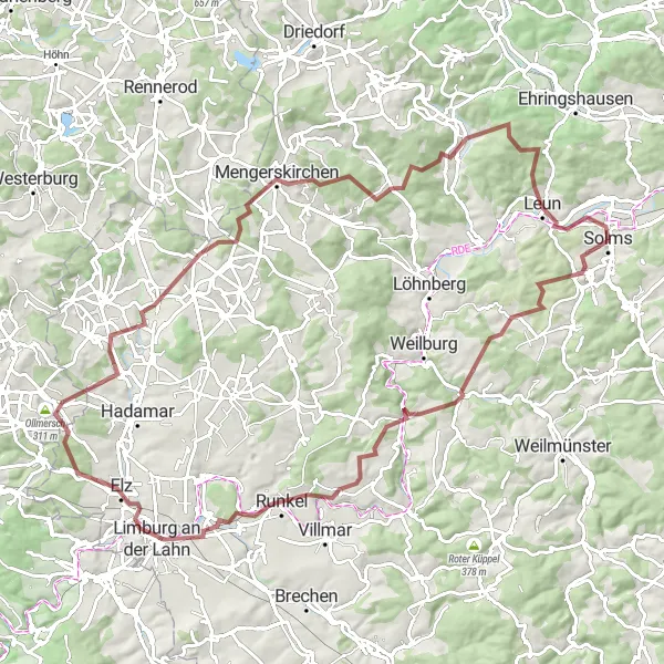 Map miniature of "The Lahn Valley Gravel Adventure" cycling inspiration in Gießen, Germany. Generated by Tarmacs.app cycling route planner