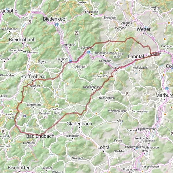 Karten-Miniaturansicht der Radinspiration "Idyllische Tour durch Caldern und Umgebung" in Gießen, Germany. Erstellt vom Tarmacs.app-Routenplaner für Radtouren