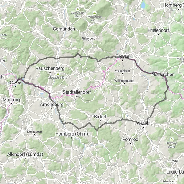 Map miniature of "Panoramic Road Tour" cycling inspiration in Gießen, Germany. Generated by Tarmacs.app cycling route planner