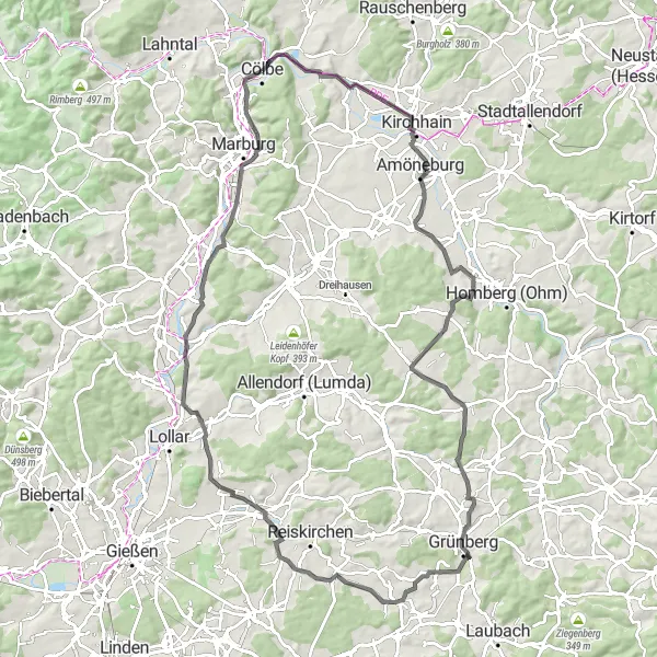 Map miniature of "Hinterland Loop" cycling inspiration in Gießen, Germany. Generated by Tarmacs.app cycling route planner