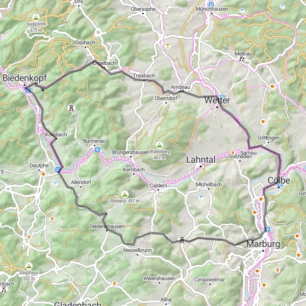 Karten-Miniaturansicht der Radinspiration "Kurze Fahrt mit Panoramablick" in Gießen, Germany. Erstellt vom Tarmacs.app-Routenplaner für Radtouren