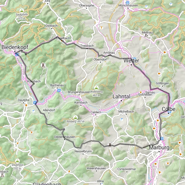 Map miniature of "Road Through Nature" cycling inspiration in Gießen, Germany. Generated by Tarmacs.app cycling route planner