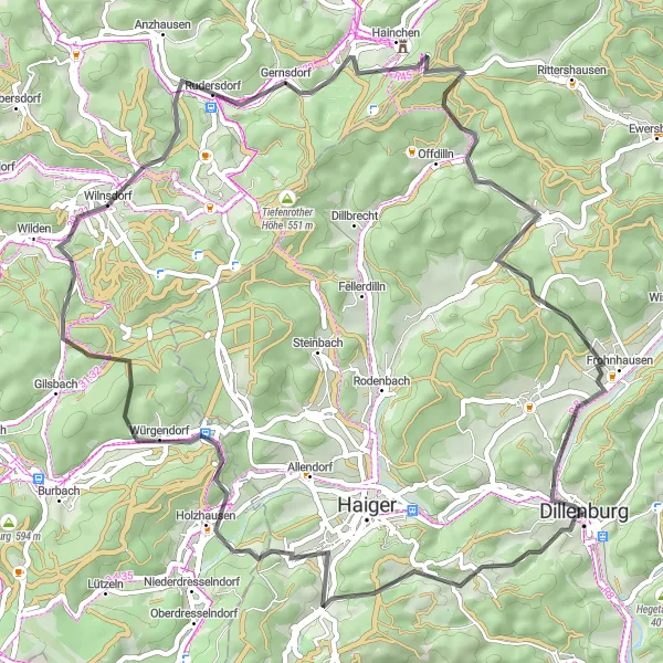 Karten-Miniaturansicht der Radinspiration "Donsbach und Weidelbach Tour" in Gießen, Germany. Erstellt vom Tarmacs.app-Routenplaner für Radtouren