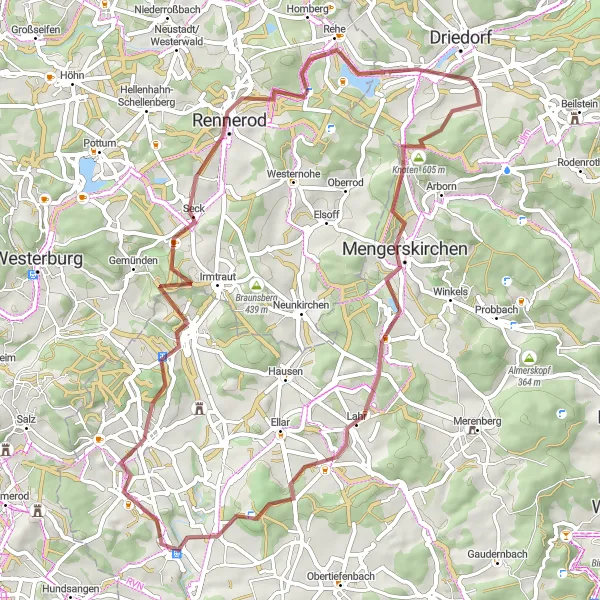 Map miniature of "Driedorf-Knoten-Dornburg-Münchhausen-Driedorf" cycling inspiration in Gießen, Germany. Generated by Tarmacs.app cycling route planner