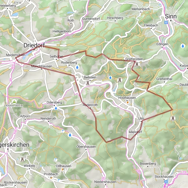 Map miniature of "Driedorf Gravel Loop" cycling inspiration in Gießen, Germany. Generated by Tarmacs.app cycling route planner