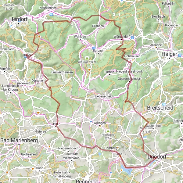 Map miniature of "Waigandshain Gravel Tour" cycling inspiration in Gießen, Germany. Generated by Tarmacs.app cycling route planner
