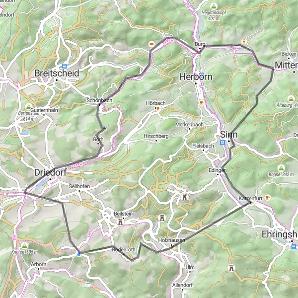 Map miniature of "Driedorf-Tempelchen-Mademühlen-Driedorf" cycling inspiration in Gießen, Germany. Generated by Tarmacs.app cycling route planner