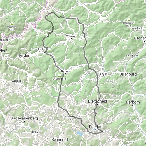 Map miniature of "Fuchskaute Road Loop" cycling inspiration in Gießen, Germany. Generated by Tarmacs.app cycling route planner