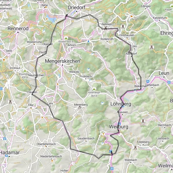 Map miniature of "Driedorf-Beilstein-Odersbach Elsoff-Driedorf" cycling inspiration in Gießen, Germany. Generated by Tarmacs.app cycling route planner