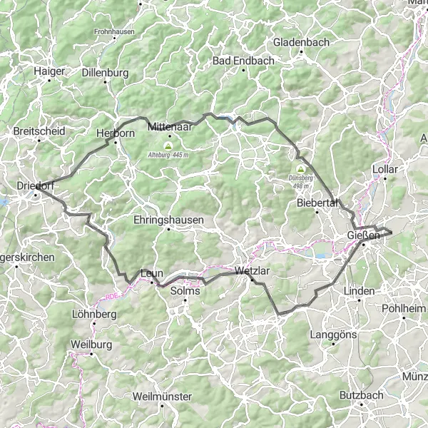 Map miniature of "Dillblick Road Expedition" cycling inspiration in Gießen, Germany. Generated by Tarmacs.app cycling route planner