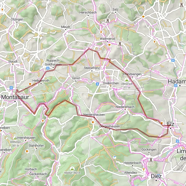 Karten-Miniaturansicht der Radinspiration "Kurze Gravel-Tour um Elz" in Gießen, Germany. Erstellt vom Tarmacs.app-Routenplaner für Radtouren