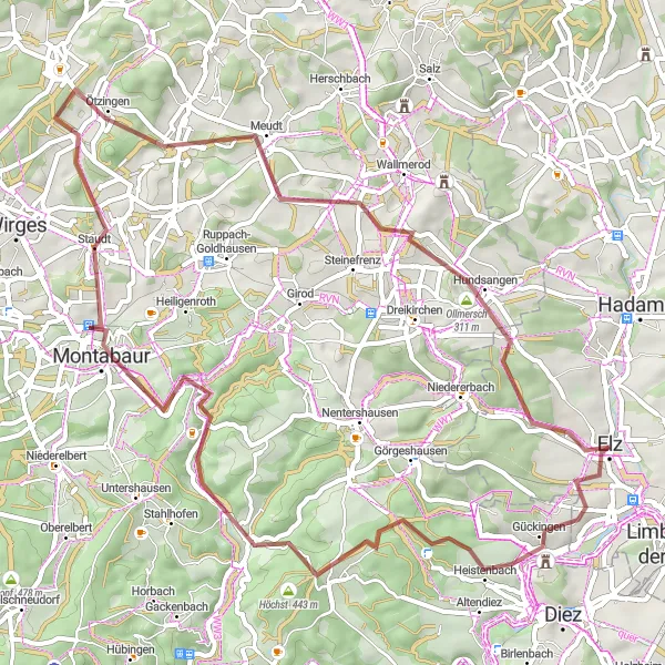 Karten-Miniaturansicht der Radinspiration "Kleine Gravel-Entdeckungstour um Elz" in Gießen, Germany. Erstellt vom Tarmacs.app-Routenplaner für Radtouren