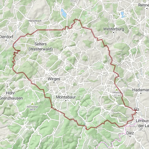 Karten-Miniaturansicht der Radinspiration "Bergige Gravel-Tour nach Elz" in Gießen, Germany. Erstellt vom Tarmacs.app-Routenplaner für Radtouren