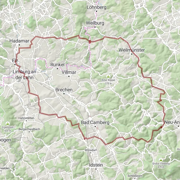 Map miniature of "Lahn Valley Gravel Adventure" cycling inspiration in Gießen, Germany. Generated by Tarmacs.app cycling route planner
