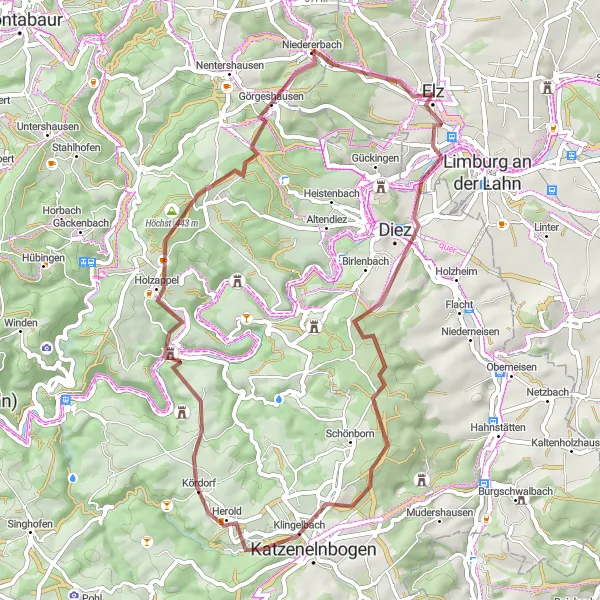 Karten-Miniaturansicht der Radinspiration "Gravel Tour um Elz" in Gießen, Germany. Erstellt vom Tarmacs.app-Routenplaner für Radtouren