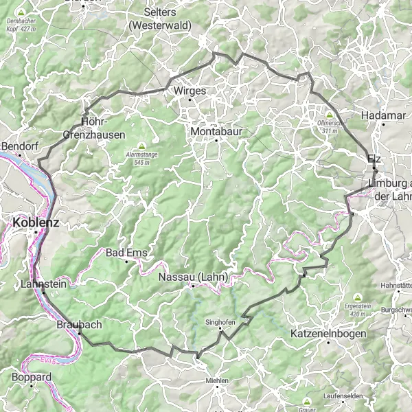 Map miniature of "Diez and Limburg Loop" cycling inspiration in Gießen, Germany. Generated by Tarmacs.app cycling route planner