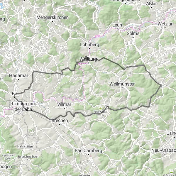 Map miniature of "Lahn Valley Discovery" cycling inspiration in Gießen, Germany. Generated by Tarmacs.app cycling route planner