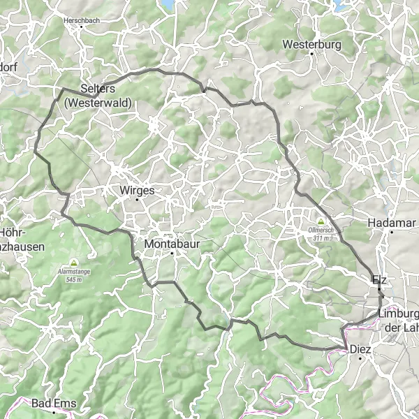Map miniature of "Katzenstein and Hölzenberg Road Cycling Route" cycling inspiration in Gießen, Germany. Generated by Tarmacs.app cycling route planner