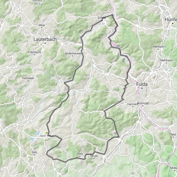 Map miniature of "Bad Salzschlirf Circuit" cycling inspiration in Gießen, Germany. Generated by Tarmacs.app cycling route planner