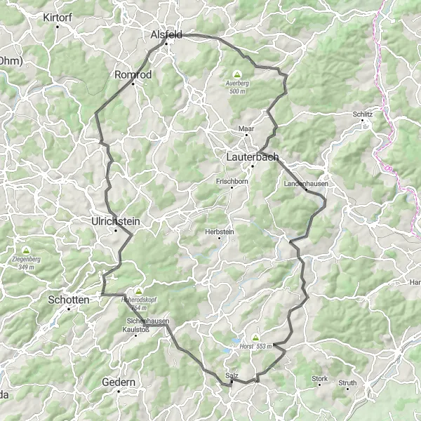 Map miniature of "Völzberger Köpfchen Loop" cycling inspiration in Gießen, Germany. Generated by Tarmacs.app cycling route planner
