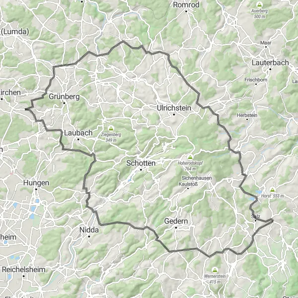 Map miniature of "The Great Hessian Loop" cycling inspiration in Gießen, Germany. Generated by Tarmacs.app cycling route planner