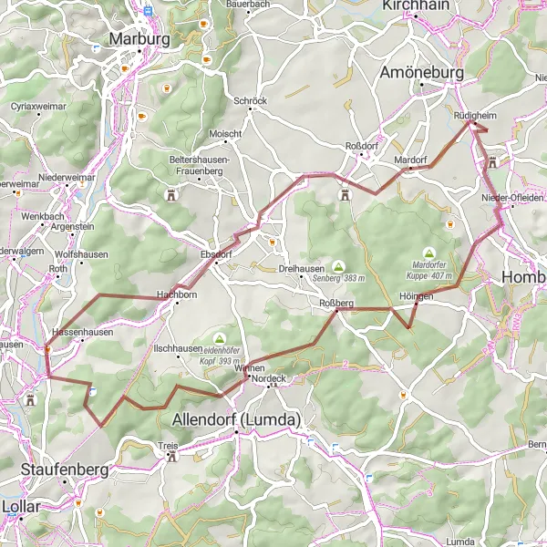 Map miniature of "Wonders of Wittelsberg" cycling inspiration in Gießen, Germany. Generated by Tarmacs.app cycling route planner