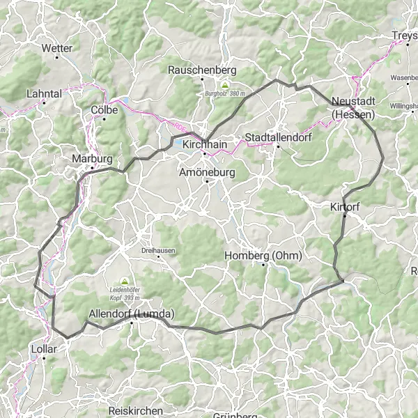 Map miniature of "The Hessen Hills Loop" cycling inspiration in Gießen, Germany. Generated by Tarmacs.app cycling route planner