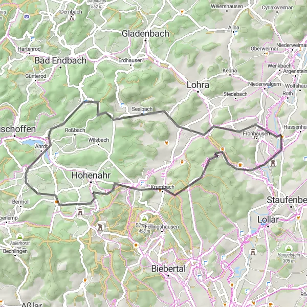 Map miniature of "Salzböden and Hohensolms Loop" cycling inspiration in Gießen, Germany. Generated by Tarmacs.app cycling route planner