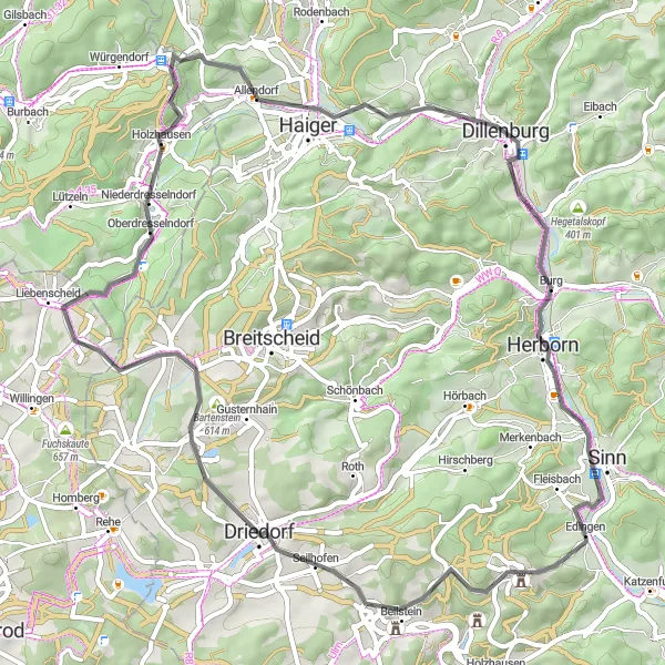 Karten-Miniaturansicht der Radinspiration "Road-Tour nach Herborn und Haiger" in Gießen, Germany. Erstellt vom Tarmacs.app-Routenplaner für Radtouren