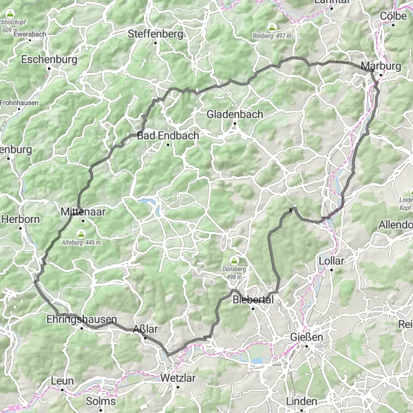 Karten-Miniaturansicht der Radinspiration "Rundtour Großes Lahn-Dill-Bergland" in Gießen, Germany. Erstellt vom Tarmacs.app-Routenplaner für Radtouren