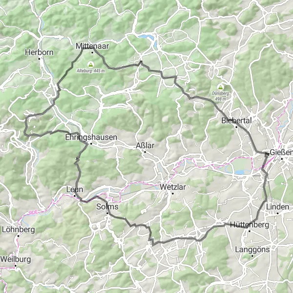 Karten-Miniaturansicht der Radinspiration "Rundtour nach Greifenstein und Umgebung" in Gießen, Germany. Erstellt vom Tarmacs.app-Routenplaner für Radtouren