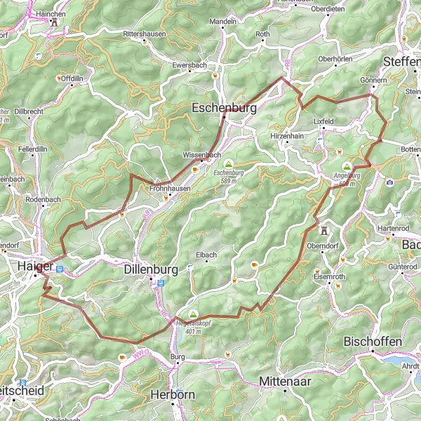 Map miniature of "Scenic Gravel Delight" cycling inspiration in Gießen, Germany. Generated by Tarmacs.app cycling route planner