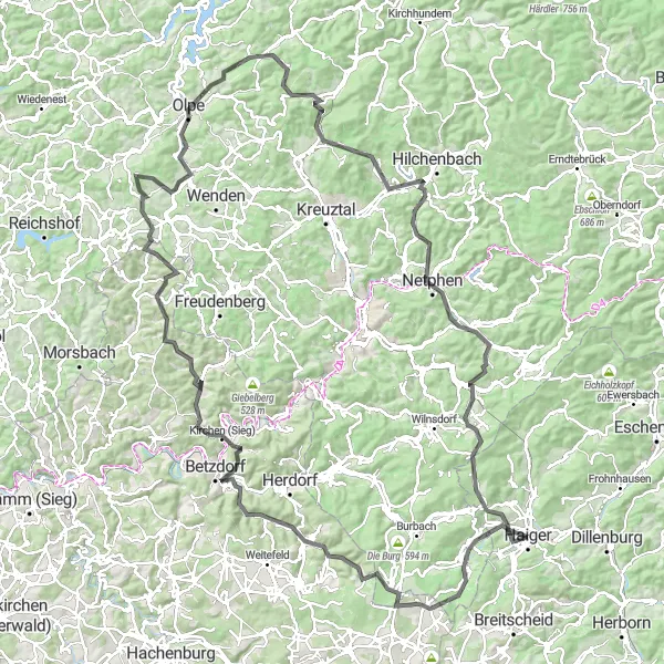 Map miniature of "Mountain Peaks and Historic Sights" cycling inspiration in Gießen, Germany. Generated by Tarmacs.app cycling route planner
