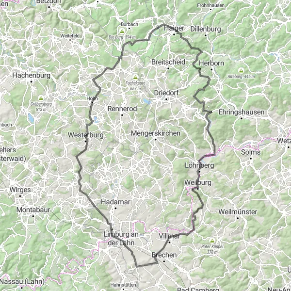 Map miniature of "Ultimate Cycling Adventure in Haiger" cycling inspiration in Gießen, Germany. Generated by Tarmacs.app cycling route planner