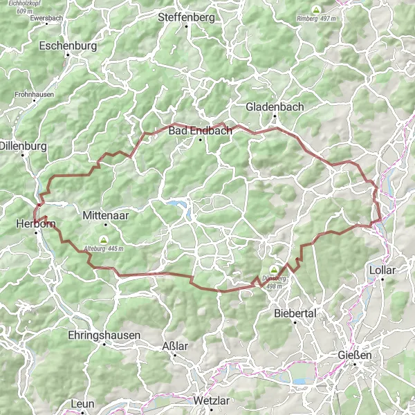 Karten-Miniaturansicht der Radinspiration "Gravel-Abenteuer im Lahn-Dill-Kreis" in Gießen, Germany. Erstellt vom Tarmacs.app-Routenplaner für Radtouren