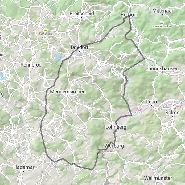 Karten-Miniaturansicht der Radinspiration "Rundtour um den Dünsberg" in Gießen, Germany. Erstellt vom Tarmacs.app-Routenplaner für Radtouren