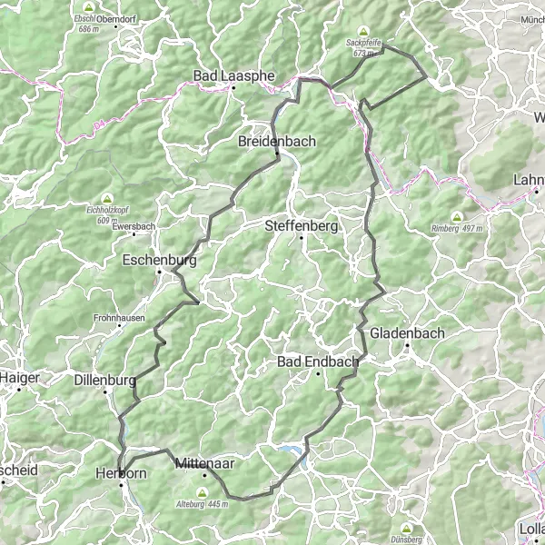 Karten-Miniaturansicht der Radinspiration "Herborner Höhenrunde" in Gießen, Germany. Erstellt vom Tarmacs.app-Routenplaner für Radtouren