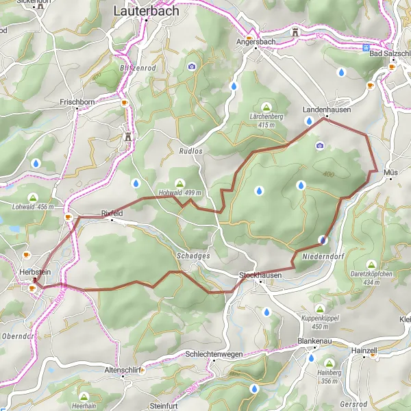 Map miniature of "Short Gravel Adventure around Herbstein" cycling inspiration in Gießen, Germany. Generated by Tarmacs.app cycling route planner